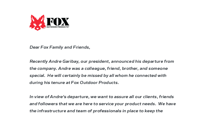 An important letter from team at Fox Outdoor Products